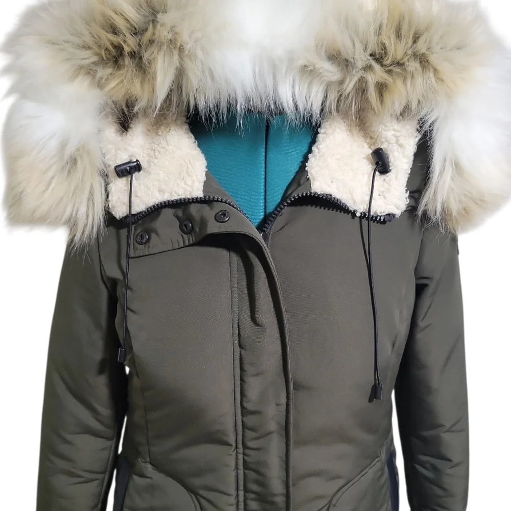 Sam Edelman Women's Faux Fur Lined Mid Puffer Coat Size M Green Removable Hood - Picture 13 of 16